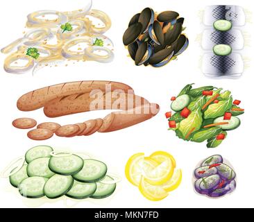 Essen und Gemüse auf weißem Hintergrund Abbildung Stock Vektor