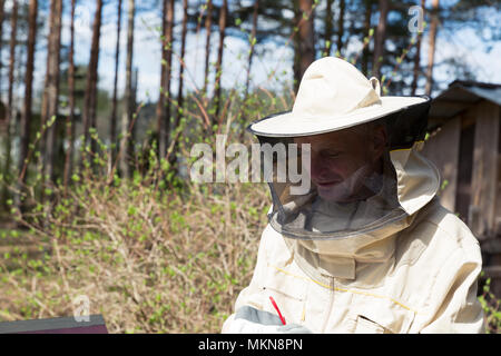Imker in arbeitsschutzausrüstungen Inspektion Bienenstock Stockfoto