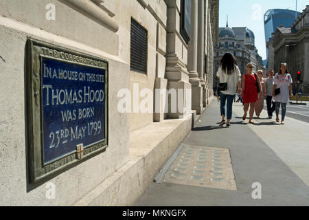 Stadt London Blue Plaque Kennzeichnung der Geburtsort 1799 des Dichters und Humorist Thomas Hood Stockfoto