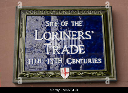 Stadt London Blue Plaque Kennzeichnung der 11. bis 13. Jahrhundert des loriners Handel Stockfoto