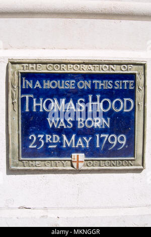 Stadt London Blue Plaque Kennzeichnung der Geburtsort 1799 des Dichters und Humorist Thomas Hood Stockfoto