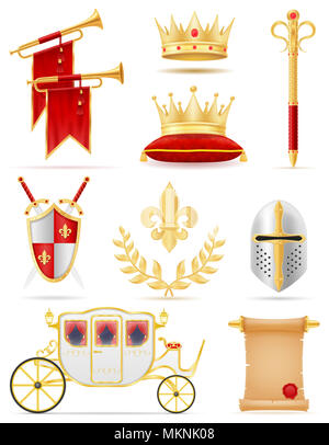 King Royal golden Attribute der mittelalterlichen Power Vector Illustration auf weißem Hintergrund Stockfoto