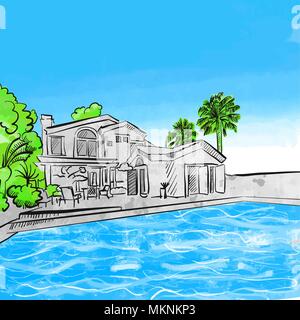 Haus und Pool Zeichnung Konzept, Hand-Vector Illustration gezeichnet Stock Vektor