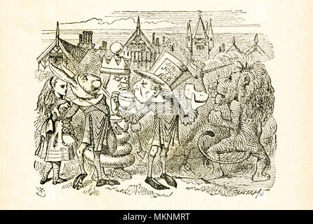 Diese Abbildung wird von "Durch das Schauen-glas und was Alice es' von Lewis Carroll (Charles Lutwidge Dodgson), die diesen Roman 1871 schrieb als Fortsetzung zu 'Alice's Adventures in Wonderland." Hier sehen wir Hatta (Messenger) Tee trinken und Alice und ein Kaninchen in einer Menschenmenge, wo der Löwe und Einhorn Kämpfen gefunden. Stockfoto