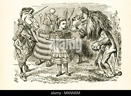 Diese Abbildung von Alice und das Einhorn und Lion ist durch das Schauen-glas und was Alice dort fand" von Lewis Carroll (Charles Lutwidge Dodgson), die diesen Roman 1871 schrieb als Fortsetzung zu 'Alice im Wunderland'. Es zeigt Alice ein pflaumenkuchen Holding mit einem Messer für das Einhorn und Löwen. Stockfoto