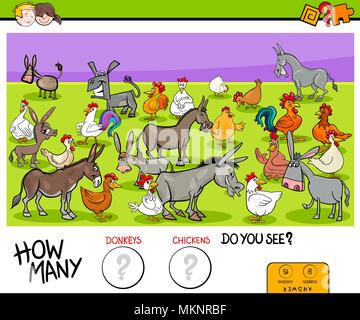Cartoon Illustration von Bildungseinrichtungen zählen Spiel für Kinder mit Esel und Hühner Nutztiere Zeichen Gruppe Stock Vektor