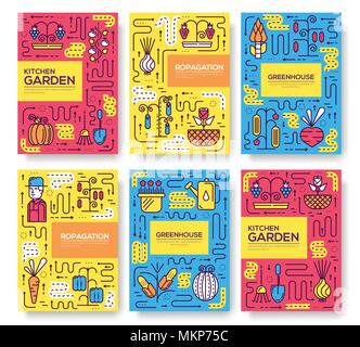 Gärtner Bewässerung von Pflanzen im Gewächshaus dünne Linie eingestellt. Gemüse wachsen im Treibhaus lineare Vorlage von flyear, Zeitschriften, Plakate, Cover, Banner. Layout station Überblick moderne Seiten Stock Vektor