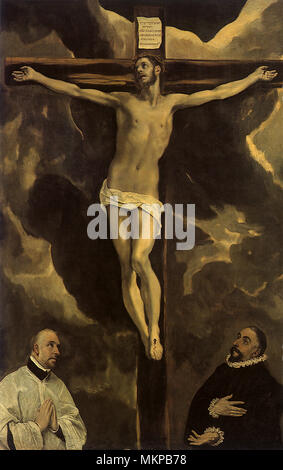 Christus am Kreuz durch zwei Spender angebetet Stockfoto