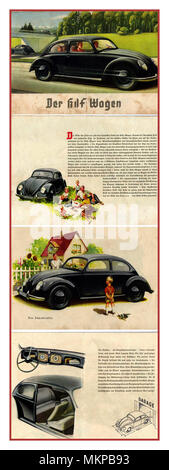 VOLKSWAGEN KDF Vintage-Werbung 1930 für den „KdF-Wagen“ VW Volkswagen Motorwagen. Adolf Hitlers Initiative, (für diejenigen, die durch ein Briefmarkenprogramm gerettet haben) ein „People's Car“ bereitzustellen, das von Ferdinand Porsche inspiriert und entworfen wurde Stockfoto