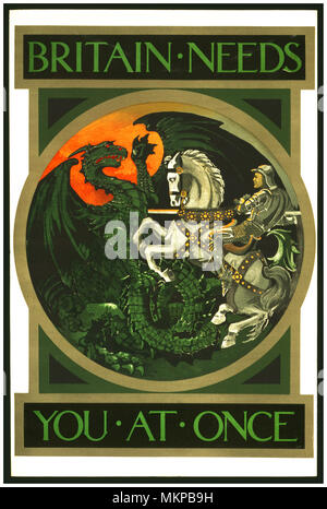 Ein WWI 1915 britischen Einstellung Plakat aus dem parlamentarischen Einstellungsausschusses St. George und der Drache, ein nationales Symbol für mehrere Parteien im Zweiten Weltkrieg 1 (Deutschland). "Großbritannien braucht sie auf einmal "Parlamentarischen Einstellungsausschusses Lithographie dragon Szene 1915 Stockfoto