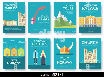 Land Norwegen Reise Urlaub Guide von Waren, Orte und Funktionen. Satz von Architektur, Mode, Menschen, Gegenstände, Natur Hintergrund Konzept. Infograph Stock Vektor
