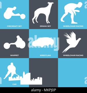 Satz von 9 einfache editierbare Ikonen wie Mädchen hockey player, fliegenden Fasan, Auto, Rollstuhl Racing, Ringen, Whippet, Omaha sky, Cincinnati können u Stock Vektor