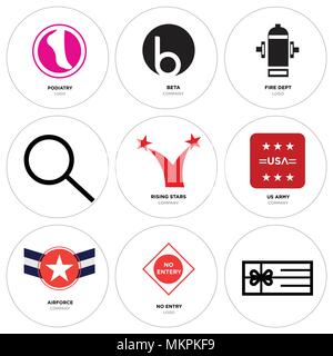 Satz von 9 einfache editierbare Ikonen wie Geschenk, kein Eintrag, Luftwaffe, US Army, Rising Stars, Suche, Fire dept, Beta, Podologie, können für mobile, Web verwendet werden. Stock Vektor