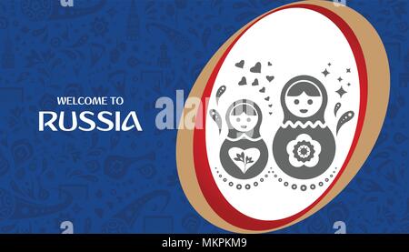 Zu Russland willkommen. Design Template mit modernen traditionelle Elemente der Puppen. Vector Illustration Stock Vektor