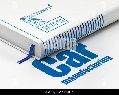 Industrie Konzept: geschlossenes Buch mit blauen Industrie Gebäude Symbol und Text Auto Fertigung auf dem Boden, weißer Hintergrund, 3D-Rendering Stockfoto