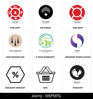 Satz von 9 einfache editierbare Ikonen wie die podologie, Tasche, Rabatt, Farbverlauf Lila swish, 5 Jahre Garantie, Haartransplantation, Fire dept, Luftwaffe, Stock Vektor