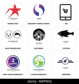 Satz von 9 einfache editierbare Ikonen wie Airforce, 5 Jahre Garantie, 2 Jahre Wels, Luftwaffe, Haar Transplantation, Auf, Farbverlauf Lila swish, steigende Sta Stock Vektor
