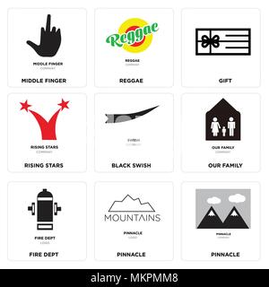 Satz von 9 einfache editierbare Ikonen wie Pinnacle, Fire dept, unsere Familie, Schwarz swish, Rising Stars, Geschenk, Reggae, Mittelfinger, können für mobile verwendet werden. Stock Vektor