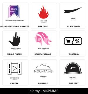 Satz von 9 einfache editierbare Ikonen wie Fire dept, Pinnacle, Kamera, Shopping, Kosmetiksalon, Mittelfinger, Schwarz swish, 100 Zufriedenheit zu gewährleisten, Stock Vektor