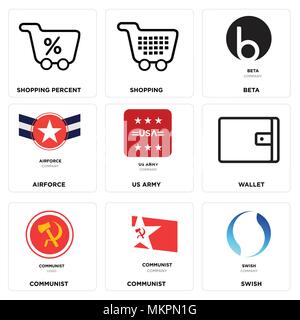 Satz von 9 einfache editierbare Ikonen wie swish, kommunistische, Brieftasche, US Army, Airforce, Beta, Shopping, Shopping Prozent, können für mobile, Web verwendet werden. Stock Vektor