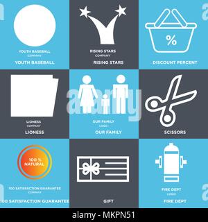 Satz von 9 einfache editierbare Ikonen wie Fire dept, Geschenk, 100 Zufriedenheitsgarantie, Schere, unsere Familie, Löwin, Rabatt, Rising Stars, sie Stock Vektor