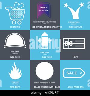 Satz von 9 einfache editierbare Ikonen wie Verkauf, Preis, Glas mit Vorsicht handhaben, Fire dept, Geschenk, Rising Stars, 100 Zufriedenheitsgarantie, Shopping, c Stock Vektor
