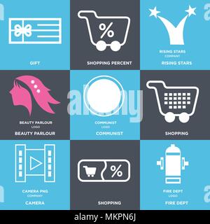 Satz von 9 einfache editierbare Ikonen wie Fire dept, Shopping, Kamera, kommunistischen, Kosmetiksalon, Rising Stars, Shopping, Geschenk, kann für m verwendet werden. Stock Vektor