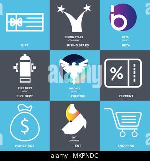Satz von 9 einfache editierbare Symbole wie Einkaufen, HNO, Geld, Prozent, Pheonix, Fire dept, Beta, Rising Stars, Geschenk, kann für mobile, Web verwendet werden. Stock Vektor