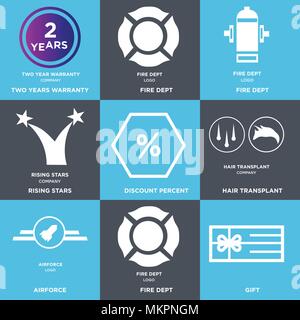 Satz von 9 einfache editierbare Ikonen wie Geschenk, Fire dept, Airforce, Haartransplantation, Rabatt, Rising Stars, zwei Jahre Garantie, kann verwendet werden für Stock Vektor