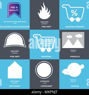 Satz von 9 einfache editierbare Ikonen wie Reggae, kommunistischen, unsere Familie, Pinnacle, Shopping, Fire dept, Einkaufen, 100 Prozent Zufriedenheit gewährleisten, können Stock Vektor