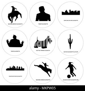 Satz von 9 einfache editierbare Ikonen wie Fußballspieler, Ruckeln Pferd, Houston sky, Kaktus, Scottish Terrier, Trumpf, Portland Bronco, können für Mo verwendet werden. Stock Vektor