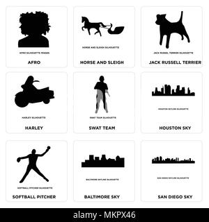 Satz von 9 einfache editierbare Ikonen wie San Diego sky, Baltimore Softball Pitcher, Houston SWAT-Team, Harley, Jack Russell Terrier, Pferd und Schlitten, ein Stock Vektor