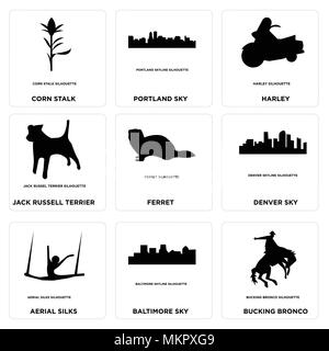 Satz von 9 einfache editierbare Ikonen wie Ruckeln Bronco, Baltimore sky, Antenne Seiden, Denver Frettchen, Jack Russell Terrier, Harley, Portland Maisstängeln, Stock Vektor