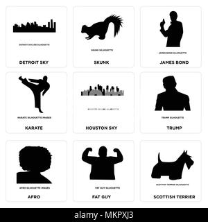 Satz von 9 einfache editierbare Ikonen wie Scottish Terrier, fetter Kerl, Afro, Trumpf, Houston sky, Karate, James Bond, Stinktier, Detroit für mobile verwendet werden, Stock Vektor