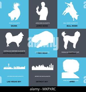 Satz von 9 einfache editierbare Ikonen wie Afro, Detroit, las vegas Pudel, T-rex Kopf, Australian Shepherd, bull Rider, James Bond, Skunk, verwendet werden können Stock Vektor