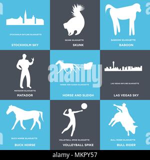 Satz von 9 einfache editierbare Ikonen wie Bull Rider, Volleyball Spike, Buck Pferd, las vegas Sky, Pferd und Schlitten, Matador, Pavian, Skunk, Stockholm ca Stock Vektor