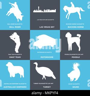 Satz von 9 einfache editierbare Ikonen wie Skunk, Türkei, Australian Shepherd, Pudel, Reisemobil, SWAT-Team, Ruckeln Pferd, las vegas Sky, bull Rider, können Stock Vektor
