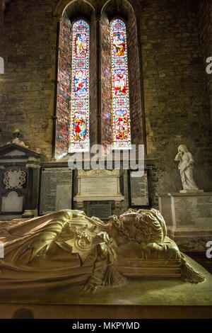 Ein sarkophag Grab durch ein Glasfenster in der mittelalterlichen St. Canice Kathedrale (Kirche von Irland/Anglikanisch), Kilkenny, Irland übersehen Stockfoto