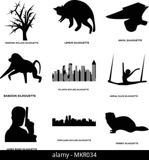Satz von 9 einfache editierbare Ikonen wie Frettchen, Portland sky, James Bond, Antenne Seiden, Atlanta Pavian, Amboss, Lemur, Trauerweide, kann für m verwendet werden. Stock Vektor