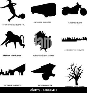 Satz von 9 einfache editierbare Ikonen wie Trauerweide, Amboss, Cleveland, San Diego sky, Türkei, Pavian, Harley, Wohnmobil, Fußballspieler, können verwendet werden. Stock Vektor