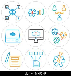 Satz von 9 einfache editierbare Ikonen wie Einstellungen, Netzwerk, Vertrag, Monitor, Server, Benutzer, Benutzer, Netzwerk, können für mobile, Web verwendet werden. Stock Vektor