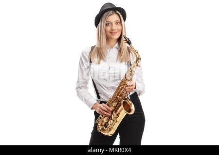 Weibliche Jazzmusiker Holding ein Saxophon auf weißem Hintergrund Stockfoto