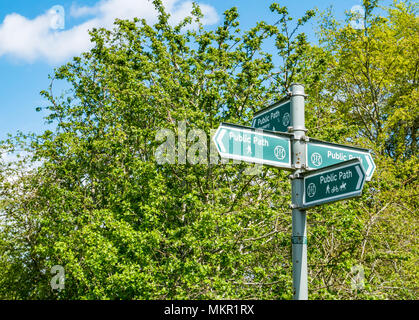 Nahaufnahme von vier öffentlichen Pfad Zeichen mit Wandern, Radfahren und Reiten Symbole, Winton Immobilien, Pencaitland, East Lothian, Schottland, Großbritannien Stockfoto