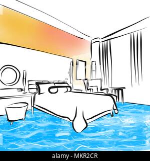 Hotel Schlafzimmer Zeichnung Design Konzept, Hand-Vector Illustration gezeichnet Stock Vektor