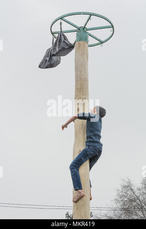 TIRASPOL, MOLDAU - Februar 18, 2018: Junge klettern auf eine hölzerne Stange für den Preis. Slawische folk Pagan holiday Maslenitsa (Fastnacht) - eine symbolische Mee Stockfoto