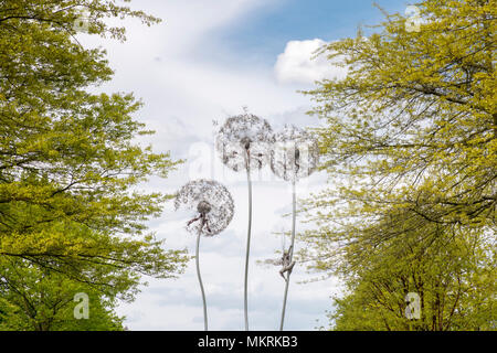 Löwenzahn kabel Skulpturen und Frühling baum laub an RHS Wisley Gardens, Surrey, England Stockfoto