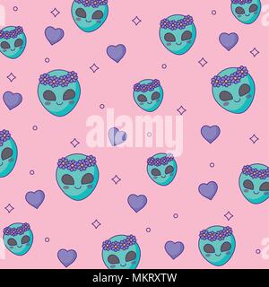 Hintergrund der Alien und Herzen Muster, farbenfrohen Design. Vector Illustration Stock Vektor