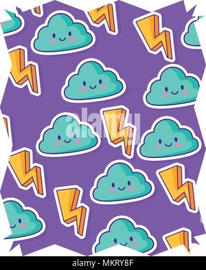Abstrakte Rahmen mit Blitz und kawaii Wolken Muster auf weißem Hintergrund, farbenfrohen Design. Vector Illustration Stock Vektor