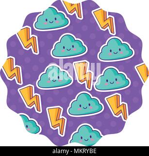 Mit Blitz und kawaii Wolken Muster auf weißem Hintergrund, farbenfrohen Design. Vector Illustration Stock Vektor