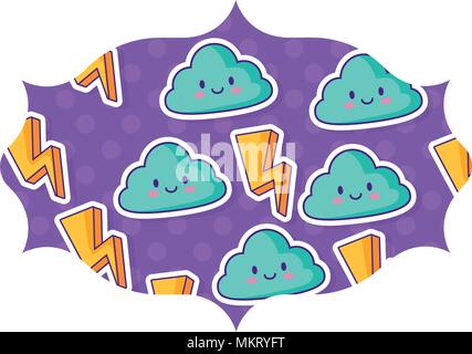 Dekorative arabisch Rahmen mit Blitz und kawaii Wolken Muster auf weißem Hintergrund, farbenfrohen Design. Vector Illustration Stock Vektor